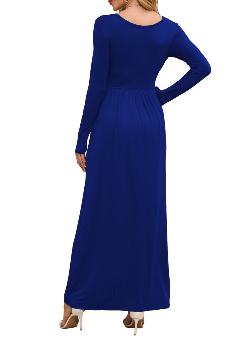 DEARCASE Women Dress Dark Blue Large Crewneck Long Sleeves Maxi Wedding Guest A-line Plain Casual Empire Waist Flowy Party Vintage Spring Fall Winter Floor Dresses with Pocket - Image 3